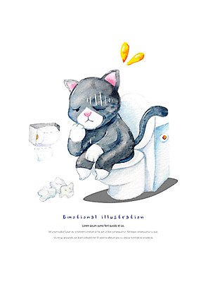 PSD 한마리 일러스트 수채화 앉기 사람없음 고양이 턱괴기 찡그림 화장지 괴로움 감성 변기 변비 힘듦 국내일러스트 1 감정 컨셉 포유류 모션 표정 반려동물 파일형식