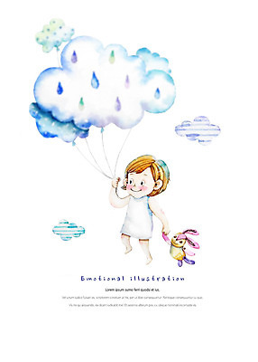 전신 PSD 구름 여자 행복 어린이 인형 일러스트 하늘 수채화 따뜻함 한명 들기 사람 물방울 감성 풍선 설렘 소녀한명만 국내일러스트 자연요소 1 감정 컨셉 모션 여자한명만 소녀만 파일형식