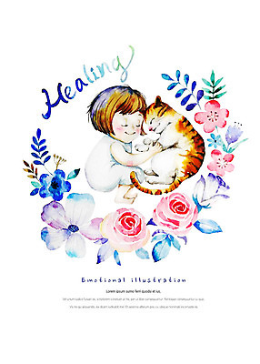 전신 PSD 한마리 여자 꽃 행복 어린이 일러스트 안기 수채화 따뜻함 한명 미소 사람 눈감음 고양이 다정 잠 힐링 감성 웅크림 소녀한명만 국내일러스트 식물 1 감정 컨셉 포유류 모션 표정 반려동물 여자한명만 소녀만 파일형식