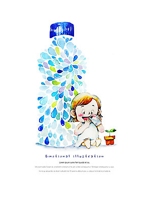 전신 PSD 여자 행복 화분 어린이 일러스트 수채화 따뜻함 한명 미소 사람 앉기 물 물병 만족 페트병 감성 물마시기 소녀한명만 국내일러스트 자연요소 1 감정 컨셉 모션 표정 마시기 물통 병_담는 여자한명만 소녀만 파일형식