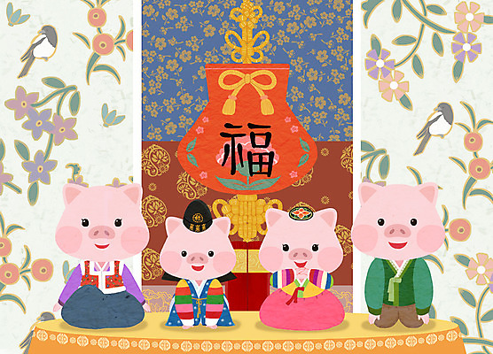 PSD 꽃 여러마리 일러스트 가족 새해 복주머니 사람없음 전통문양 새해인사 돼지띠 돼지 절 복 한복 신년캐릭터 노리개 돼지캐릭터 2019년 기해년 국내일러스트 일러캐릭터 식물 캐릭터 한국전통 전통 문양 동물캐릭터 다수 포유류 관계 전통소품 한자 십이지신 인사 전통의상 연도 파일형식