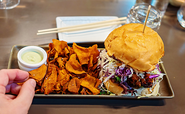 포토 JPG 해외이미지 손 패스트푸드 실내 신체부위 햄버거 인스턴트 정크푸드 종지 감자칩 치킨버거 갈색배경 해외포토 그릇 음식 백그라운드 사람 내부 갈색 과자 칩_음식 파일형식 이미지허브