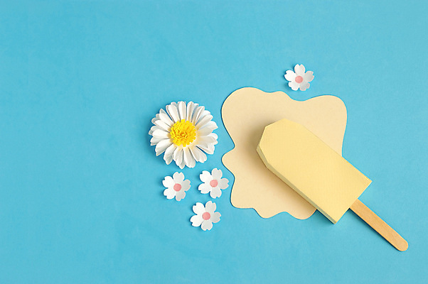 포토 JPG 해외이미지 종이 아이스크림 실내 사람없음 페이퍼아트 오브젝트 종이공예 파란배경 막대아이스크림 종이꽃 해외포토 꽃 백그라운드 디저트 내부 파란색 공예 파일형식 이미지허브