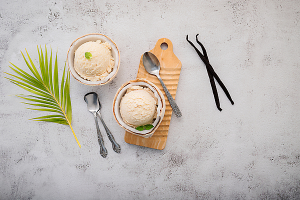 포토 JPG 해외이미지 그릇 백그라운드 잎 아이스크림 도마 사람없음 숟가락 달콤 시원함 질감 코코넛 바닐라 해외포토 식물 식기 과일 주방용품 디저트 수저 맛 파일형식 이미지허브