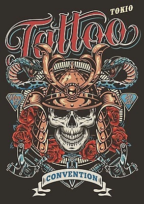 EPS 해외이미지 디자인 포스터 일러스트 검은배경 사람없음 장미 일본 빈티지 뱀 문신 갑옷 사무라이 해외일러스트 꽃 아시아 백그라운드 컨셉 파충류 검은색 보호장비 파일형식 벡터 이미지허브