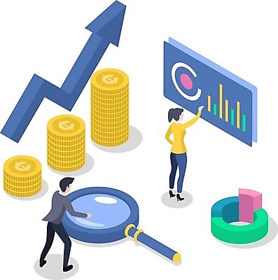 EPS 해외이미지 여자 남자 화살표 일러스트 통계 돋보기 그래프 성인 두명 금융 성장 가리킴 분석 투자 손뻗기 동전탑 성인만 해외일러스트 컨셉 비즈니스 모션 사람 손짓 경제 쌓기 동전 파일형식 벡터 이미지허브