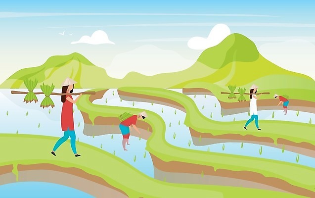 EPS 해외이미지 여자 남자 일러스트 산 허리숙이기 들기 여러명 성인 초록색 막대기 농부 모내기 논밭 얼굴없음 성인만 해외일러스트 직업 컬러 다수 밭 농업 모션 논 숙이기 사람 파일형식 벡터 이미지허브