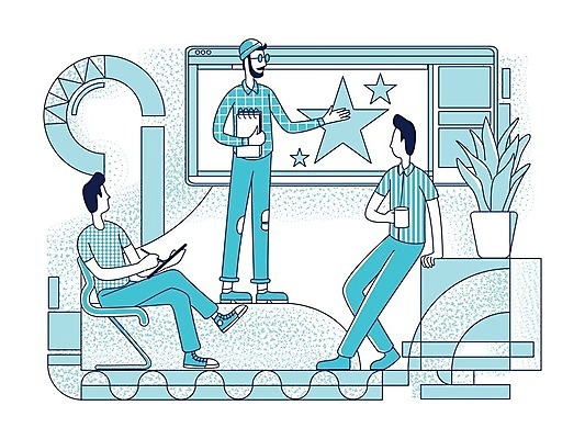 EPS 해외이미지 전신 남자 별 화분 하늘색 의자 일러스트 비즈니스 회의 들기 앉기 성인 컵 세명 다이어리 가리킴 기록 비즈니스맨 발표 알림 프레젠테이션 라인아트 인터넷창 성인남자만 해외일러스트 자연요소 식기 선 가구 인터넷 모션 사람 손짓 파란색 사무용품 직장인 남자만 성인만 파일형식 벡터 이미지허브