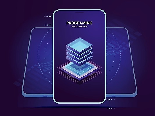 EPS 해외이미지 일러스트 비즈니스 모바일 정보기술 사람없음 파란색 스마트폰 태블릿 디지털 네트워크 프로그래밍 CPU 해외일러스트 컬러 기술 전자제품 핸드폰 스마트기기 작업 컴퓨터부품 개발 파일형식 벡터 이미지허브