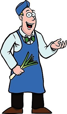 EPS 해외이미지 직업 잡화 옷 남자 행복 음식 분홍색 채소 일러스트 작업복 설명 사람 빨간색 초록색 파란색 갈색 검은색 앞치마 흰색 가리킴 잡기 발표 만화 그림 부추 보여주기 해외일러스트 감정 컬러 모션 손짓 파일형식 벡터 이미지허브