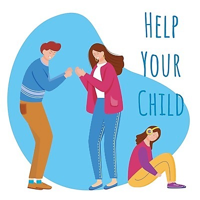 EPS 해외이미지 전신 여자 남자 딸 하늘색 일러스트 텍스트 청소년 성인 세명 손모으기 웅크림 트러블 헬프 해외일러스트 가족 모션 사람 손짓 파란색 도움 파일형식 벡터 이미지허브