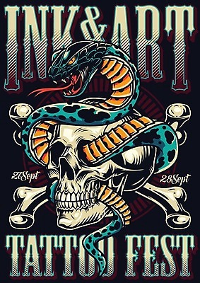 EPS 해외이미지 디자인 포스터 일러스트 검은배경 해골 사람없음 빈티지 뱀 문신 빗금 해외일러스트 백그라운드 컨셉 파충류 뼈 검은색 대각선 파일형식 벡터 이미지허브