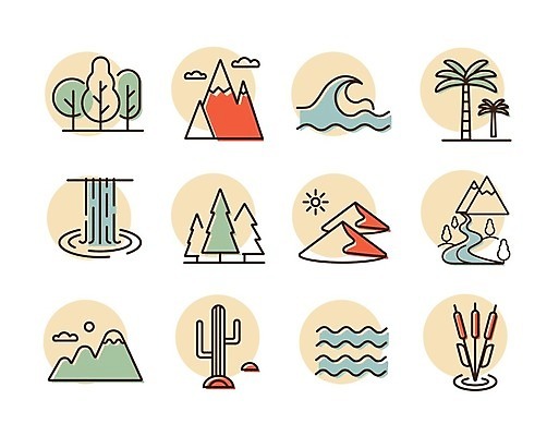 EPS 해외이미지 나무 디자인 계절 호수 모래 파도 바다 여행 일러스트 자연 날씨 산 선인장 손바닥 갈대 풍경 야외 목재 물 여름 강 세트 햇빛 태양 폭포 사막 숲 모래언덕 심볼 언덕 사인 침엽수 내추럴 해외일러스트 자연요소 식물 손 재료 생태계 파일형식 벡터 이미지허브