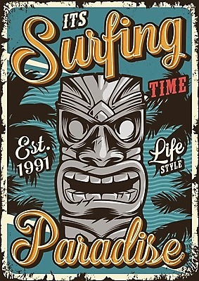 EPS 해외이미지 디자인 포스터 일러스트 사람없음 야자수 빈티지 서핑 물결무늬 야자수잎 파라다이스 해외일러스트 나무 물결 컨셉 잎 무늬 수상스포츠 파일형식 벡터 이미지허브