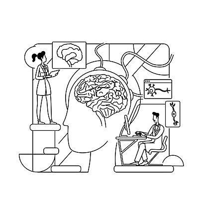 EPS 해외이미지 전신 여자 남자 과학 일러스트 미래 세포 실험 서기 들기 앉기 성인 두명 스크린 모니터 정보 타이핑 실험복 연구원 라인아트 얼굴모양 뇌 서류판 성인만 해외일러스트 모양 직업 얼굴 선 컨셉 모션 사람 컴퓨터 사무용품 가운 파일형식 벡터 이미지허브
