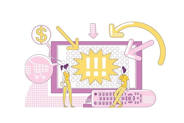 EPS 해외이미지 전신 여자 남자 화살표 말풍선 일러스트 비즈니스 들기 성인 두명 노란색 달러 보라색 텔레비전 느낌표 리모컨 알림 라인아트 마케팅 성인만 해외일러스트 기호 선 컬러 돈 모션 사람 전자제품 파일형식 벡터 이미지허브