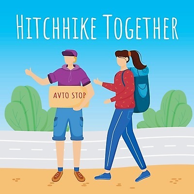 EPS 해외이미지 여자 남자 포스터 도로 여행 잎 가방 일러스트 하늘 들기 성인 두명 표지판 즐거움 휴양지 따봉 히치하이킹 성인만 해외일러스트 식물 잡화 감정 길 교통시설 모션 알림판 사람 장소 최고 파일형식 벡터 이미지허브