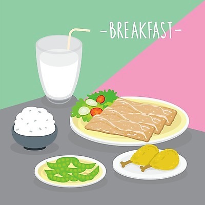 EPS 해외이미지 그릇 접시 일러스트 방울토마토 밥 오이 잔 빨대 사람없음 샐러드 우유 아침식사 완두콩 닭다리 베이컨 해외일러스트 식기 음식 토마토 채소 유제품 콩 돼지고기 식사 파일형식 벡터 이미지허브