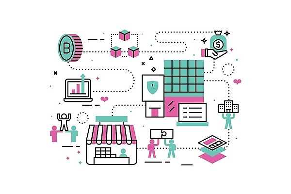 EPS 해외이미지 일러스트 비즈니스 사람모양 직장 사람없음 건물 노트북 상점 돈자루 퍼즐조각 가상화폐 해외일러스트 모양 건축물 조각 돈 회사 전자제품 퍼즐 파일형식 벡터 건축 재산 금융 경제 이미지허브