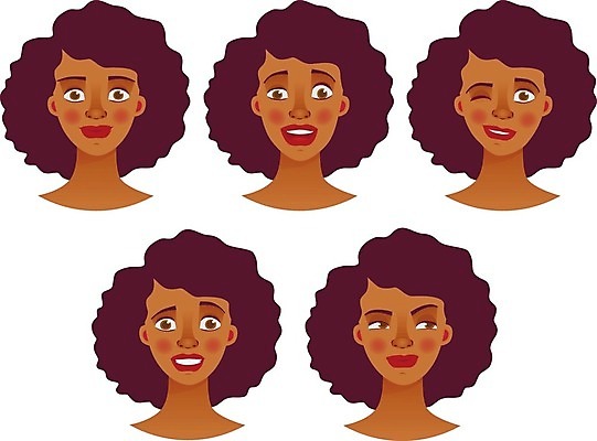 EPS 해외이미지 여자 행복 감정 얼굴 일러스트 성공 웃음 사람 세트 머리 검은색 기쁨 고립 해외일러스트 컬러 컨셉 표정 신체부위 파일형식 벡터 이미지허브