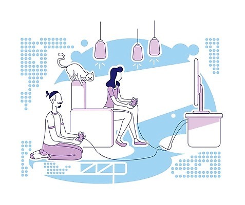 EPS 해외이미지 전신 라이프스타일 커플 여자 남자 여유 하늘색 거실 일러스트 가족 휴식 조명 함께함 실내 들기 앉기 성인 두명 일상 소파 보라색 텔레비전 고양이 게임 무릎꿇기 주말 비디오게임 성인만 반려묘 해외일러스트 감정 컬러 컨셉 의자 포유류 관계 모션 놀이 사람 내부 라이프 생활 파란색 전자제품 반려동물 파일형식 벡터 이미지허브