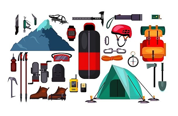 EPS 해외이미지 일러스트 배낭 고글 산 텐트 사람없음 캠핑 손전등 끈 나이프 보호장비 나침반 건전지 성냥 삽 손목시계 도끼 등산화 무전기 덫 등산스틱 맥가이버칼 침낭 해외일러스트 식기 시계 신발 가방 장신구 레저 무선통신 조명 캠핑도구 장비 칼 등산용품 파일형식 벡터 이미지허브