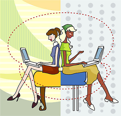 EPS 여자 산업 흑인 인터넷 일러스트 비즈니스 커뮤니케이션 정보통신 정보기술 대화 사람 두명 노트북 컴퓨터 비즈니스우먼 여자만 국내일러스트 서양인 통신 기술 말하기 전자제품 정보 직장인 파일형식 벡터