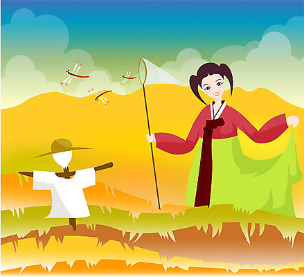 EPS 주간 전통 계절 여자 명절 일러스트 청소년 한명 사람 초원 야외 10대 추석 가을 잠자리 전통의상 한복 허수아비 채집망 여자만 여자한명만 십대만 십대여자만 십대여자한명만 국내일러스트 자연요소 1 한국전통 기념일 곤충 농업 파일형식 벡터