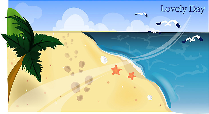 EPS 주간 나무 식물 사계절 계절 바다 백그라운드 일러스트 자연 갈매기 불가사리 풍경 해변 사람없음 야외 여름 모래사장 야자수 조개껍데기 국내일러스트 자연요소 조류 조개 극피동물 생태계 파일형식 벡터