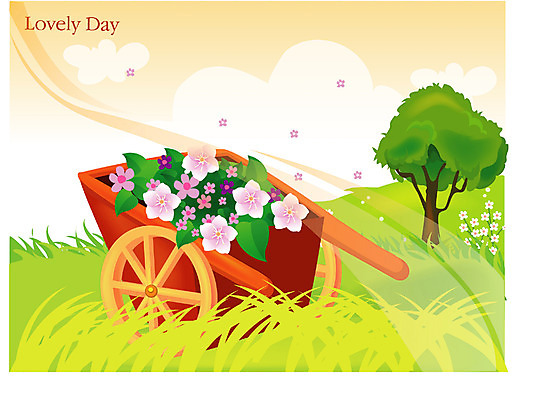 EPS 주간 나무 사계절 계절 꽃 육상교통 백그라운드 일러스트 자연 하늘 풍경 잔디 초원 사람없음 야외 수레 봄 마차 꽃마차 국내일러스트 자연요소 식물 교통수단 카트 생태계 파일형식 벡터