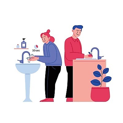 EPS 해외이미지 전신 라이프스타일 여자 남자 화분 일러스트 서기 성인 두명 일상 깨끗함 청결 세면대 수도꼭지 손씻기 손세정제 성인만 코로나바이러스 델타변이바이러스 오미크론 해외일러스트 컨셉 모션 사람 라이프 생활 바이러스 위생 씻기 세정제 파일형식 벡터 이미지허브