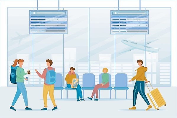 EPS 해외이미지 전신 여자 남자 여행 의자 일러스트 배낭 비행기 앉기 여러명 성인 걷기 스크린 캐리어 공항 성인만 해외일러스트 가구 다수 가방 항공교통 교통시설 모션 대중교통 사람 여행가방 파일형식 벡터 이미지허브
