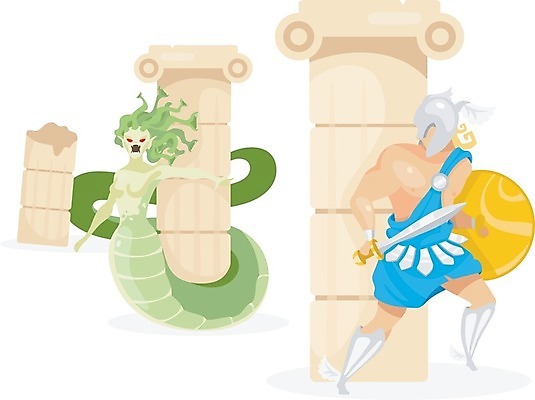 EPS 해외이미지 전신 여자 남자 일러스트 서기 성인 두명 칼 위협 싸움 방패 그리스로마신화 로마기둥 메두사 몬스터 숨기 검투사 성인만 해외일러스트 직업 모션 사람 신화 파일형식 벡터 이미지허브