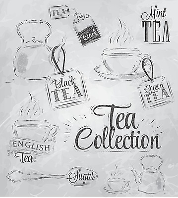 EPS 해외이미지 영어 포스터 일러스트 주전자 타이포그라피 사람없음 세트 꼬리표 낙서 찻잔 티스푼 메뉴 티백 해외일러스트 문자 주방용품 잔 차_음료 라벨 숟가락 파일형식 벡터 이미지허브