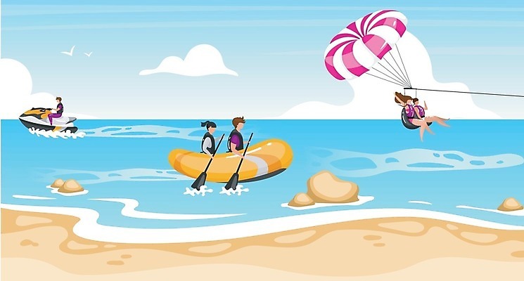 EPS 해외이미지 구름 여자 남자 일러스트 물놀이 하늘 휴식 여러명 성인 해변 낙하산 제트스키 고무보트 성인만 해외일러스트 자연요소 바다 다수 컨셉 놀이 사람 수상스포츠 파일형식 벡터 이미지허브