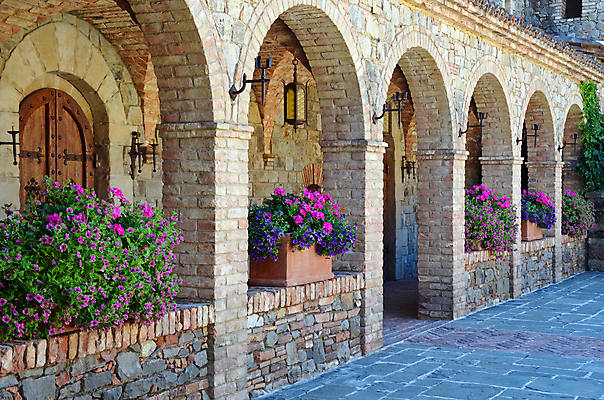 포토 JPG 해외이미지 꽃 화분 꽃무늬 건축양식 벽돌 사람없음 봄 시골 중세 아치 안뜰 옛날 피튜니아 해외포토 식물 계절 건축 무늬 역사 파일형식 이미지허브