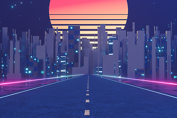 EPS 해외이미지 실루엣 도로 일러스트 사람없음 건물 빛 태양 고층빌딩 도시 네온 스카이라인 해외일러스트 자연요소 건축물 길 교통시설 촬영기법 빌딩 파일형식 벡터 이미지허브