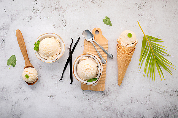 포토 JPG 해외이미지 그릇 백그라운드 잎 도마 사람없음 숟가락 달콤 시원함 질감 코코넛 아이스크림콘 바닐라 해외포토 식물 식기 과일 주방용품 수저 맛 콘 파일형식 이미지허브