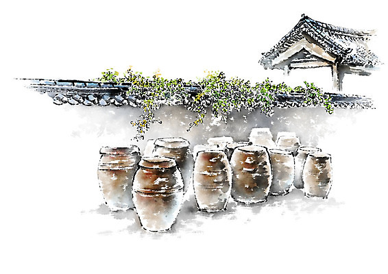 PSD 전통 고건축 일러스트 캘리그라피 붓터치 기와집 사람없음 항아리 담쟁이덩굴 기와담장 국내일러스트 건축물 한옥 기와 담장 도자기 덩굴 파일형식