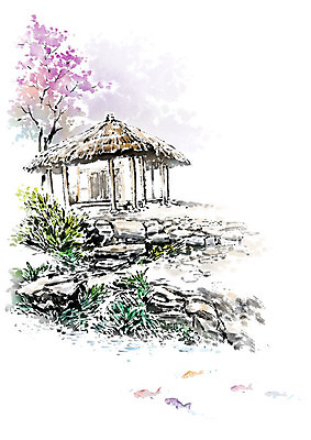 PSD 나무 전통 꽃 고건축 일러스트 캘리그라피 붓터치 초가집 꽃나무 어류 사람없음 보라색 돌_바위 개울 정자 돌길 국내일러스트 식물 건축물 길 컬러 한옥 강 수중동물 파일형식