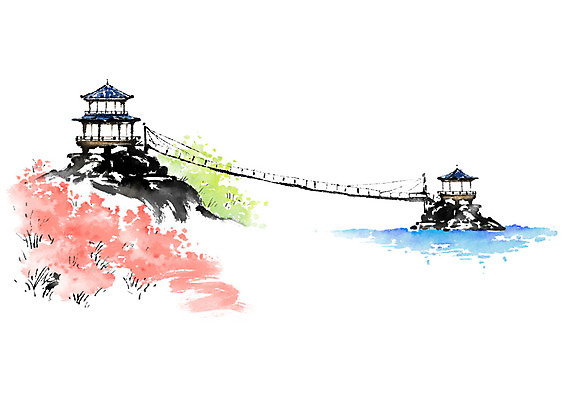 PSD 나무 전통 꽃 바다 분홍색 고건축 일러스트 캘리그라피 붓터치 사람없음 정자 가교 국내일러스트 식물 건축물 컬러 파일형식