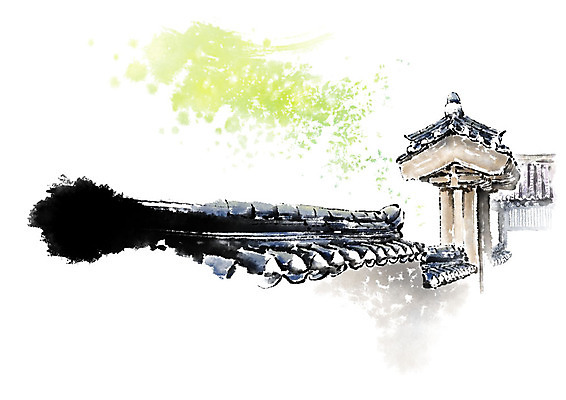 PSD 나무 전통 고건축 일러스트 캘리그라피 붓터치 기와 기와집 사람없음 초록색 현관문 기와담장 국내일러스트 식물 건축물 컬러 한옥 담장 문 파일형식