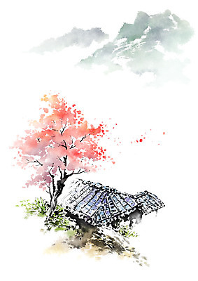 PSD 나무 전통 분홍색 고건축 일러스트 캘리그라피 붓터치 산 꽃나무 기와집 사람없음 봄 벚꽃 언덕 국내일러스트 식물 건축물 계절 꽃 컬러 한옥 파일형식