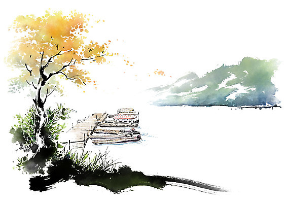 PSD 전통 바다 고건축 일러스트 캘리그라피 붓터치 산 풍경 사람없음 노란색 항구 가을 나룻배 은행나무 국내일러스트 나무 건축물 계절 컬러 배_교통 교통시설 파일형식