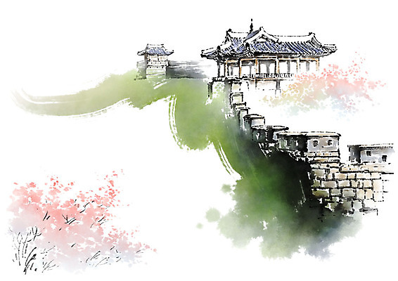 PSD 나무 전통 꽃 고건축 일러스트 캘리그라피 붓터치 사람없음 초록색 정자 돌담길 성곽길 국내일러스트 식물 건축물 길 컬러 돌담 파일형식