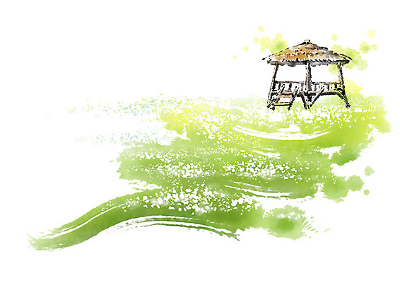 PSD 전통 고건축 일러스트 캘리그라피 붓터치 초원 사람없음 초록색 오두막 정자 국내일러스트 건축물 컬러 파일형식