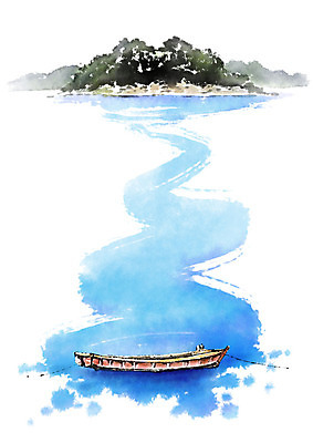 PSD 나무 호수 섬 일러스트 캘리그라피 붓터치 사람없음 파란색 돛단배 국내일러스트 식물 컬러 배_교통 파일형식