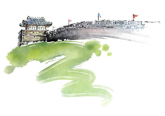 PSD 전통 고건축 일러스트 캘리그라피 붓터치 사람없음 초록색 궁전 깃발 성벽 국내일러스트 건축물 컬러 파일형식