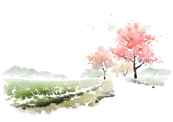 PSD 나무 꽃 분홍색 일러스트 캘리그라피 붓터치 산 논 꽃나무 사람없음 초록색 봄 산책로 벚꽃 시골 시골길 국내일러스트 식물 계절 길 컬러 농업 파일형식