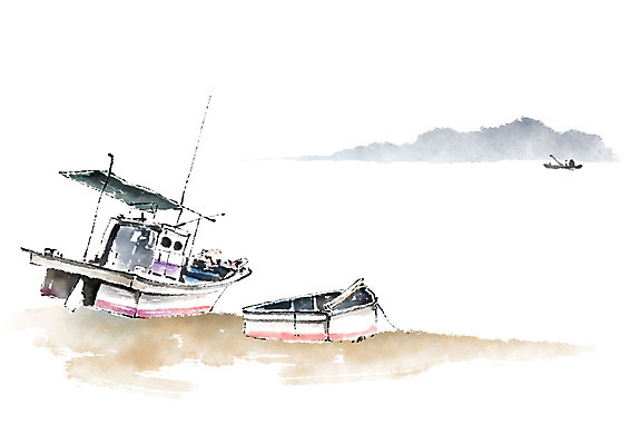 PSD 바다 섬 일러스트 캘리그라피 붓터치 사람없음 항구 어선 나룻배 어촌 국내일러스트 배_교통 교통시설 시골 파일형식